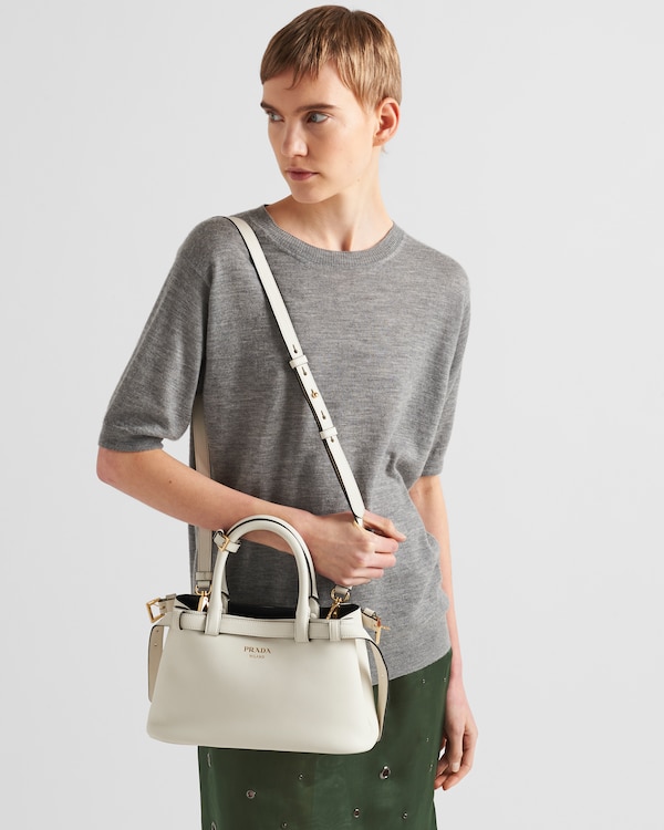 Prada Buckle小号皮革双束带手袋 - White/Black Prada Buckle小号皮革双束带手袋 - White/Black