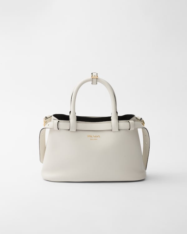 Prada Buckle小号皮革双束带手袋 - White/Black Prada Buckle小号皮革双束带手袋 - White/Black