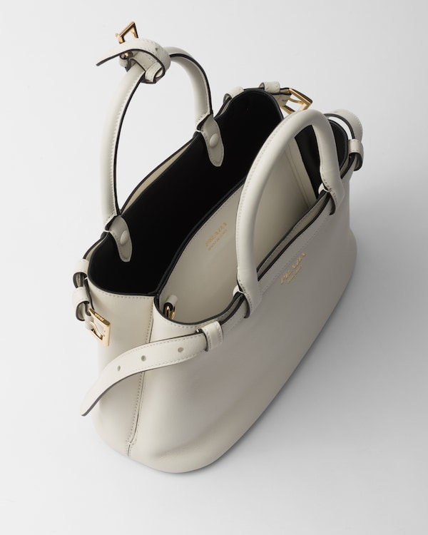 Prada Buckle小号皮革双束带手袋 - White/Black Prada Buckle小号皮革双束带手袋 - White/Black
