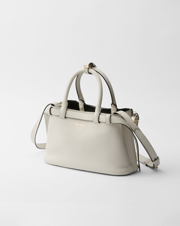 Prada Buckle小号皮革双束带手袋 - White/Black Prada Buckle小号皮革双束带手袋 - White/Black