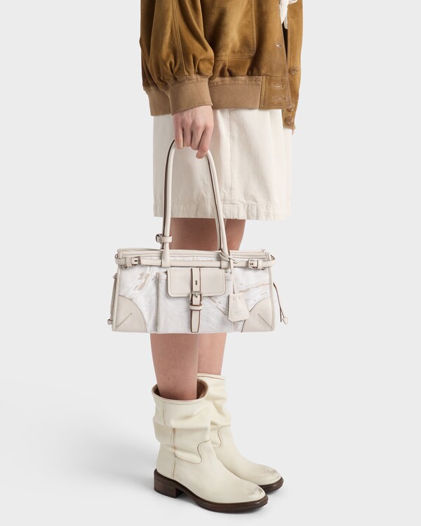 Prada Bonnie medium printed linen and leather handbag - White Prada Bonnie medium printed linen and leather handbag - White