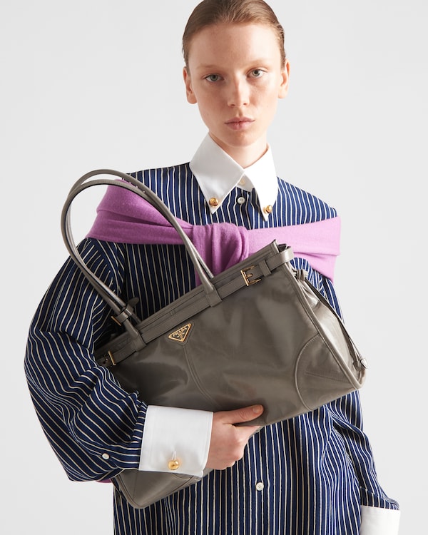 Prada Bonnie大号皮革手袋 - 青灰色 Prada Bonnie大号皮革手袋 - 青灰色