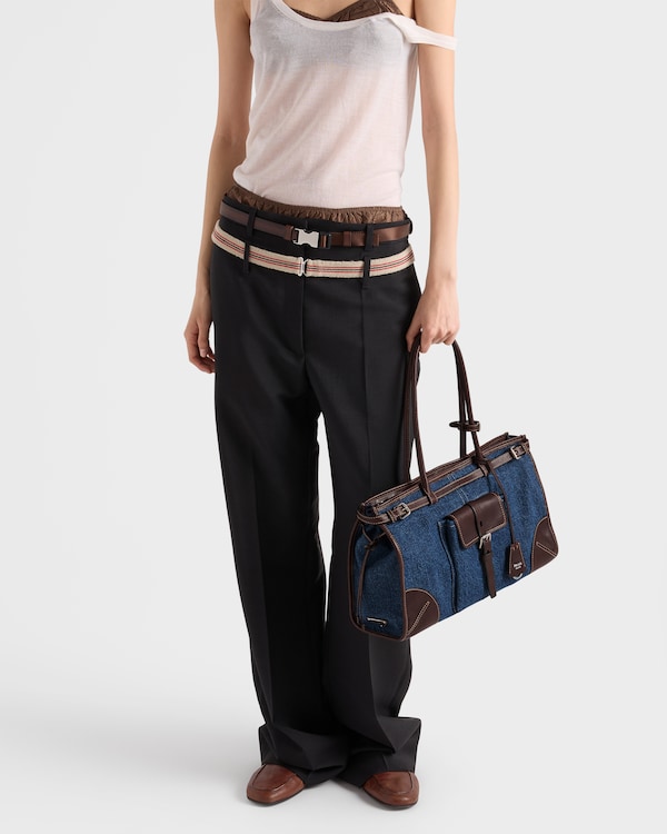 Prada Bonnie large denim and leather handbag - Blue/Coffee Prada Bonnie large denim and leather handbag - Blue/Coffee