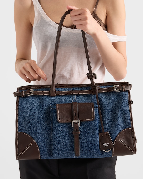 Prada Bonnie large denim and leather handbag - Blue/Coffee Prada Bonnie large denim and leather handbag - Blue/Coffee