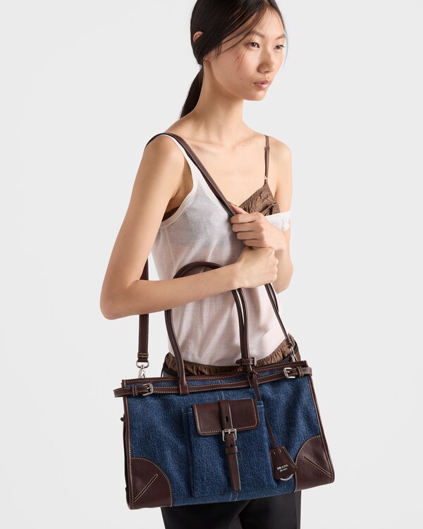 Prada Bonnie large denim and leather handbag - Blue/Coffee Prada Bonnie large denim and leather handbag - Blue/Coffee