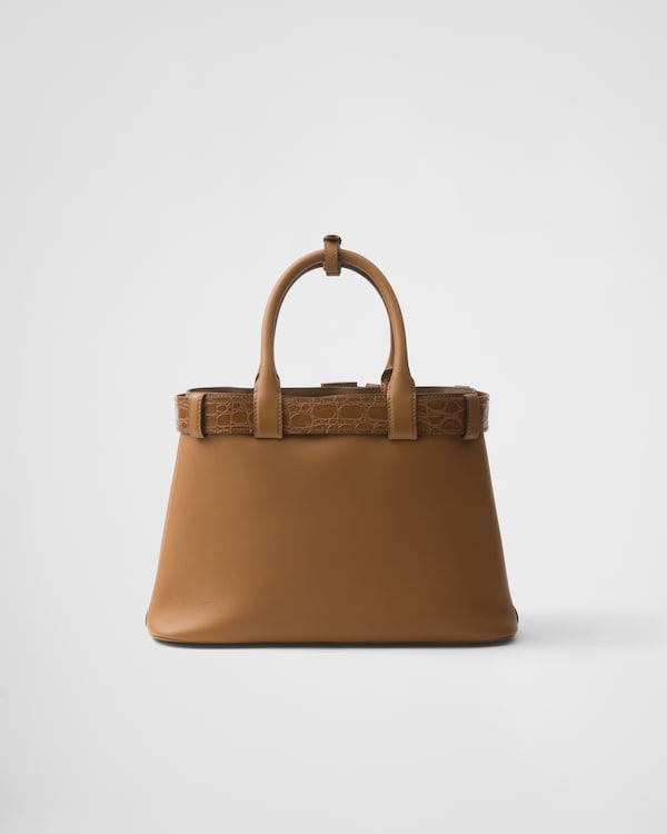 Prada Buckle中号皮革与鳄鱼皮手袋 - 焦糖色 Prada Buckle中号皮革与鳄鱼皮手袋 - 焦糖色
