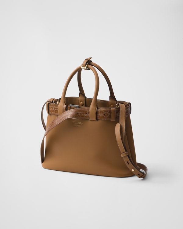 Prada Buckle中号皮革与鳄鱼皮手袋 - 焦糖色 Prada Buckle中号皮革与鳄鱼皮手袋 - 焦糖色
