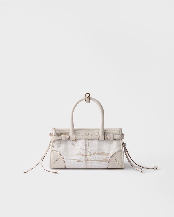 Prada Bonnie小号印花亚麻皮革拼接手袋 - 白色 Prada Bonnie小号印花亚麻皮革拼接手袋 - 白色