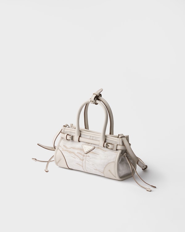 Prada Bonnie小号印花亚麻皮革拼接手袋 - 白色 Prada Bonnie小号印花亚麻皮革拼接手袋 - 白色