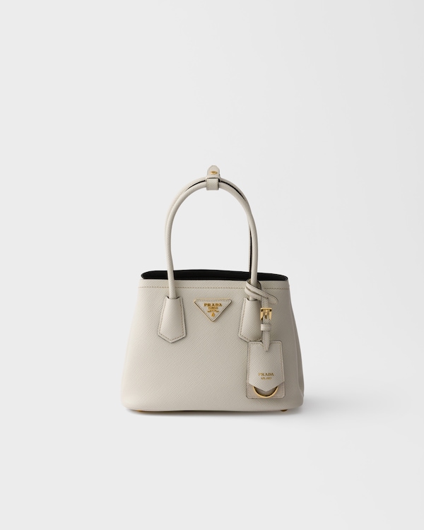 Prada Double Saffiano皮革迷你手袋 - 粉笔白/黑色 Prada Double Saffiano皮革迷你手袋 - 粉笔白/黑色