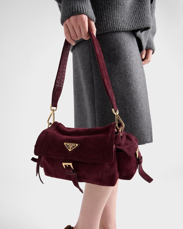 Prada Explore medium suede shoulder bag with flap - Burgundy Prada Explore medium suede shoulder bag with flap - Burgundy