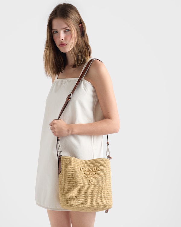Small crochet and leather bucket bag - Beige/Brandy Small crochet and leather bucket bag - Beige/Brandy