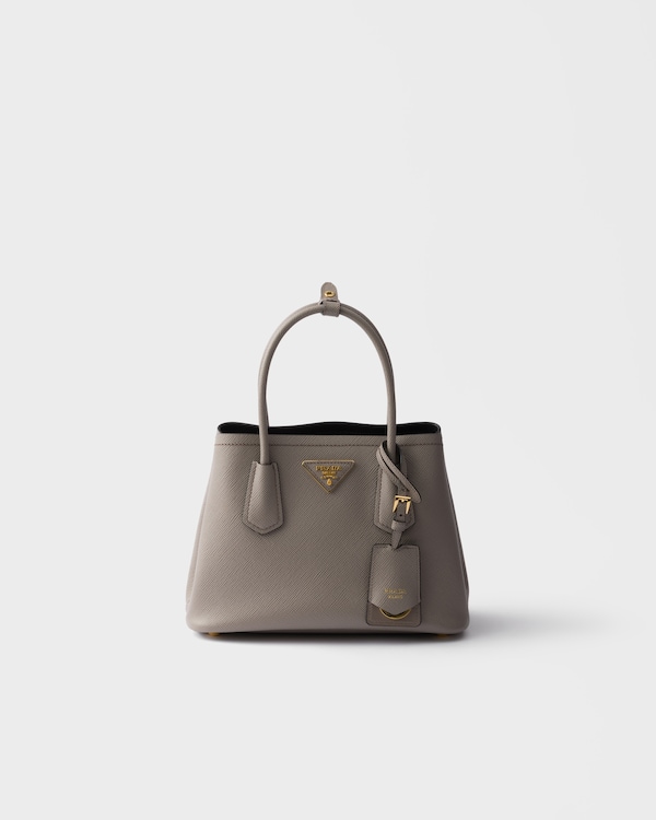 Prada Double小号Saffiano皮革手袋 - 泥灰色/黑色 Prada Double小号Saffiano皮革手袋 - 泥灰色/黑色