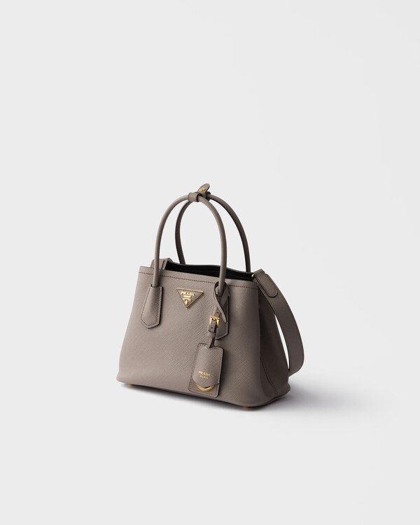 Prada Double小号Saffiano皮革手袋 - 泥灰色/黑色 Prada Double小号Saffiano皮革手袋 - 泥灰色/黑色