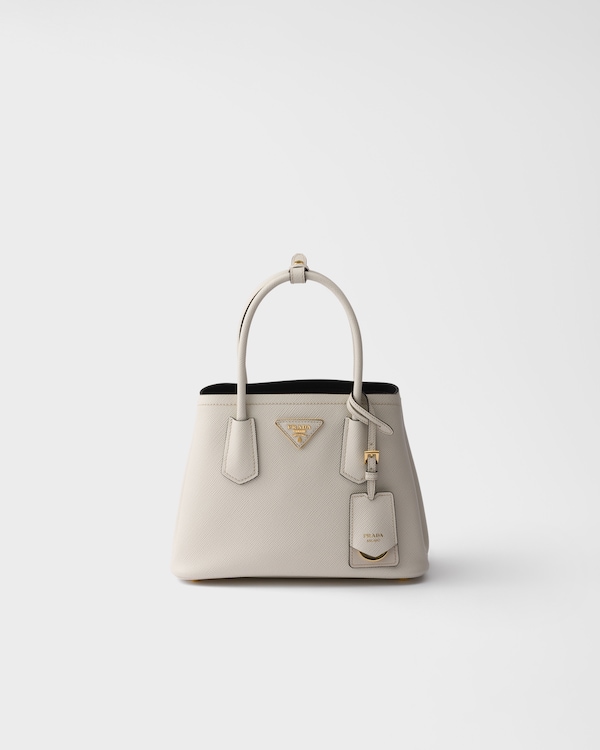 Prada Double小号Saffiano皮革手袋 - 粉笔白/黑色 Prada Double小号Saffiano皮革手袋 - 粉笔白/黑色