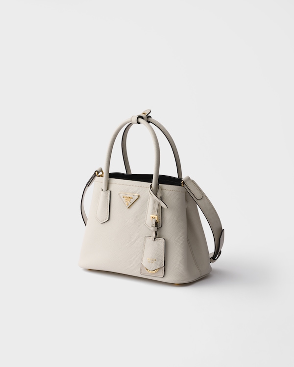 Prada Double小号Saffiano皮革手袋 - 粉笔白/黑色 Prada Double小号Saffiano皮革手袋 - 粉笔白/黑色
