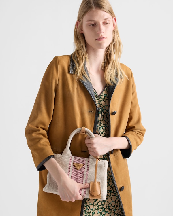 Prada Jardinière 小号棉质帆布袋 - 棕褐色/红色 Prada Jardinière 小号棉质帆布袋 - 棕褐色/红色