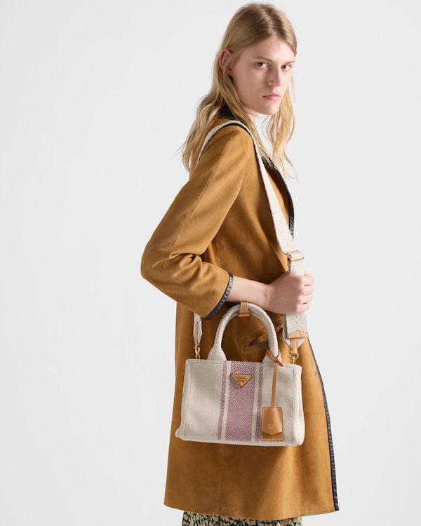 Prada Jardinière 小号棉质帆布袋 - 棕褐色/红色 Prada Jardinière 小号棉质帆布袋 - 棕褐色/红色