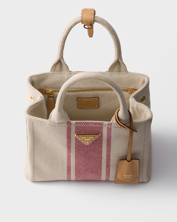 Prada Jardinière 小号棉质帆布袋 - 棕褐色/红色 Prada Jardinière 小号棉质帆布袋 - 棕褐色/红色