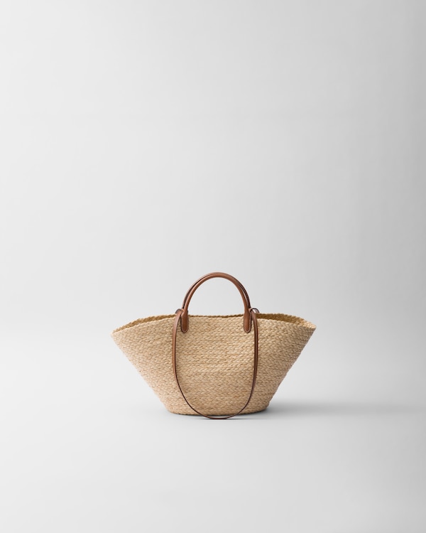 Large raffia and leather shopping bag - Beige/Cognac Large raffia and leather shopping bag - Beige/Cognac