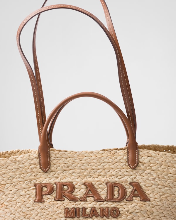 Large raffia and leather shopping bag - Beige/Cognac Large raffia and leather shopping bag - Beige/Cognac