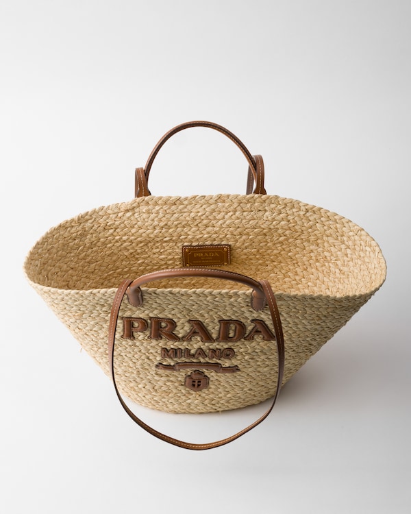 Large raffia and leather shopping bag - Beige/Cognac Large raffia and leather shopping bag - Beige/Cognac
