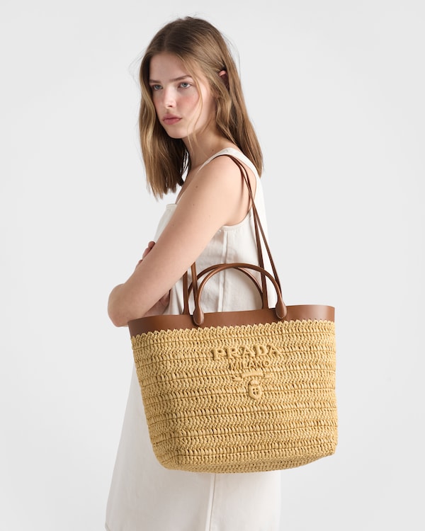 Medium crochet and leather tote bag - Natural/Cognac Medium crochet and leather tote bag - Natural/Cognac