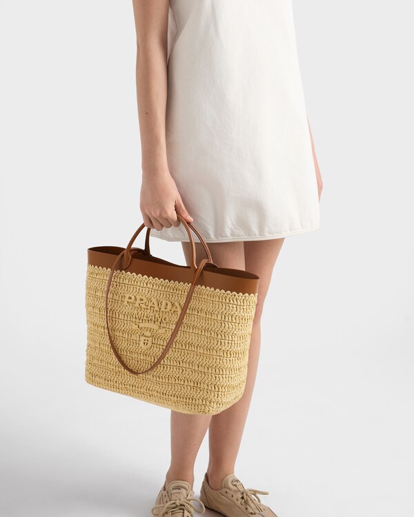 Medium crochet and leather tote bag - Natural/Cognac Medium crochet and leather tote bag - Natural/Cognac