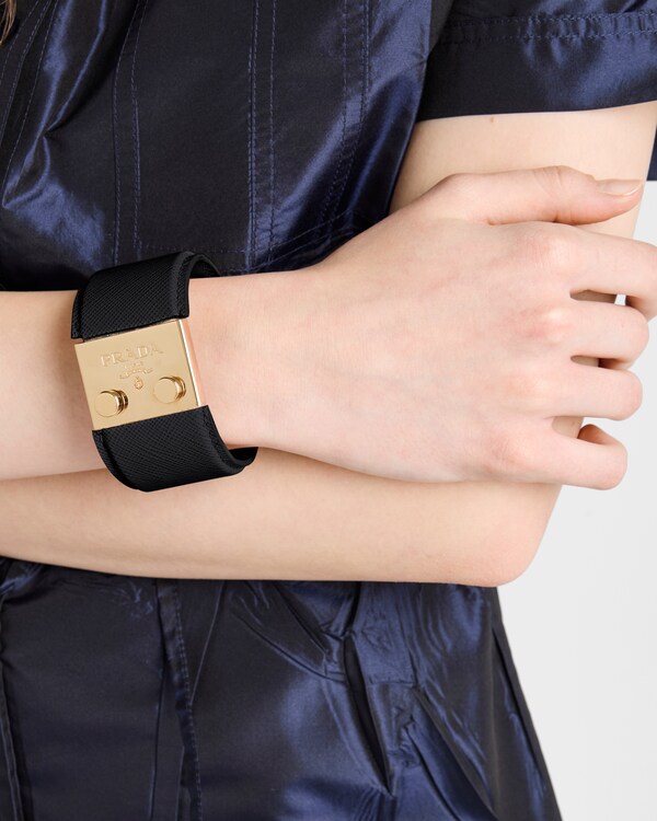Metal and Saffiano leather bracelet - Black Metal and Saffiano leather bracelet - Black