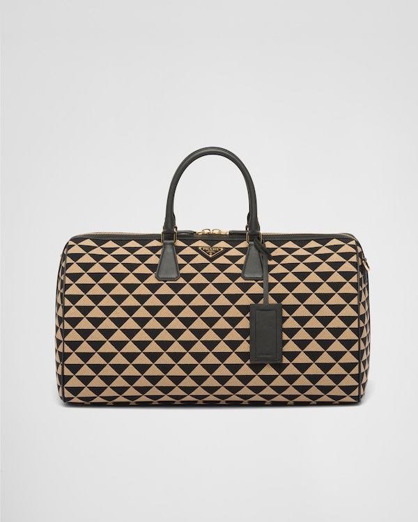 Large Prada Symbole embroidered fabric travel bag - Black/Beige Large Prada Symbole embroidered fabric travel bag - Black/Beige