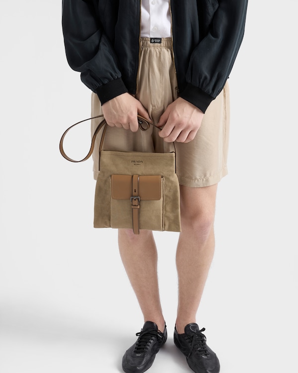 Prada Route 帆布和皮革单肩包 - 卡其色 Prada Route 帆布和皮革单肩包 - 卡其色