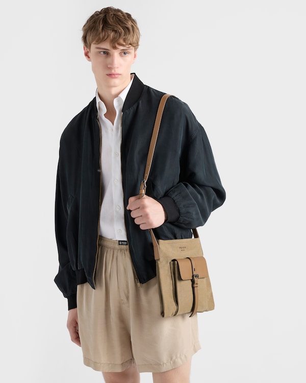 Prada Route 帆布和皮革单肩包 - 卡其色 Prada Route 帆布和皮革单肩包 - 卡其色