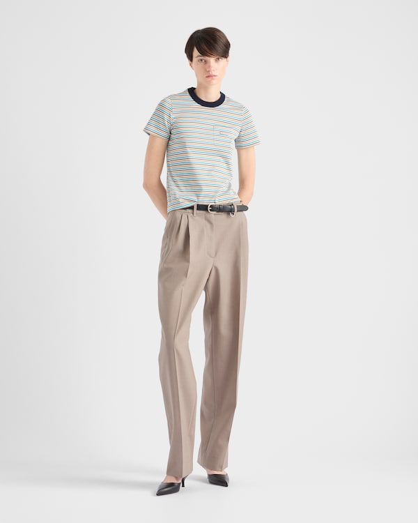 Striped lisle cotton T-shirt - Ivory/Turquoise Striped lisle cotton T-shirt - Ivory/Turquoise