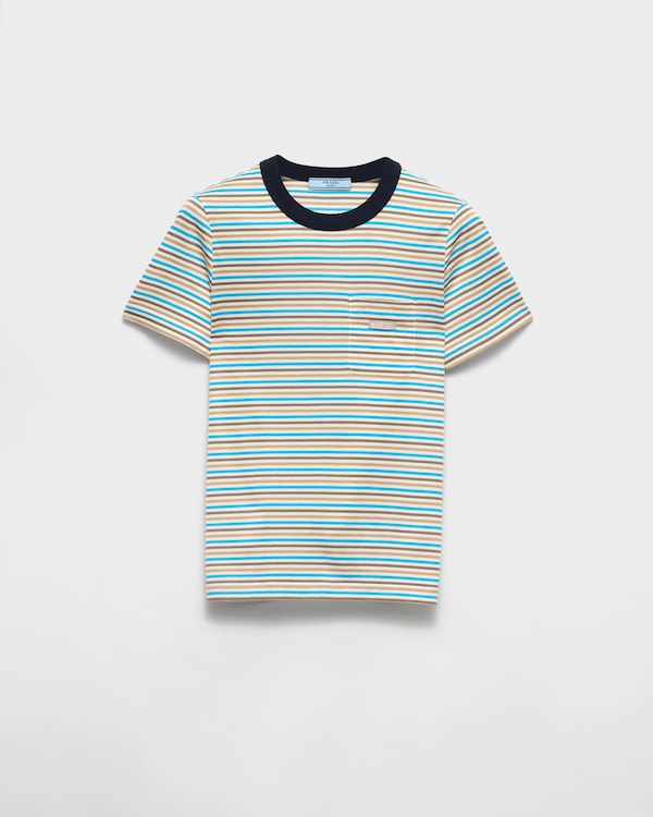 Striped lisle cotton T-shirt - Ivory/Turquoise Striped lisle cotton T-shirt - Ivory/Turquoise