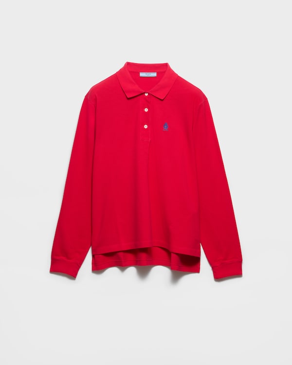 Long-sleeved cotton piqué polo shirt - Red Long-sleeved cotton piqué polo shirt - Red