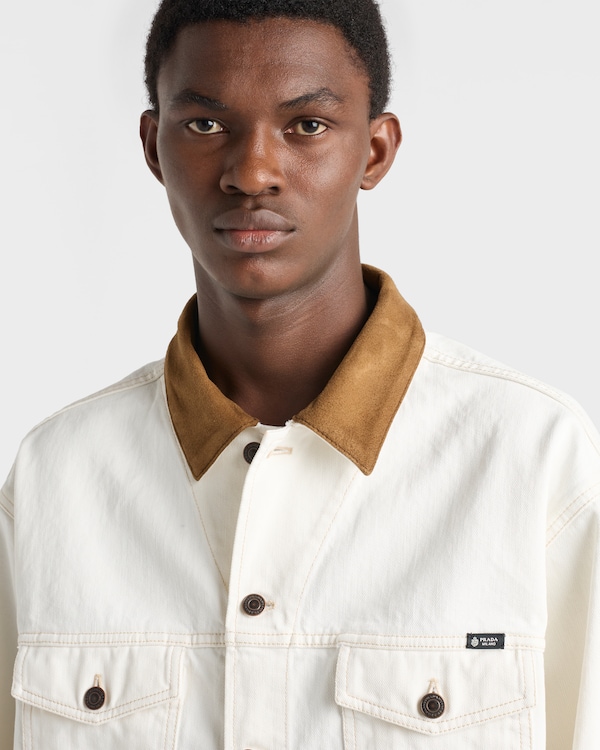 Old denim jacket with leather details - White Old denim jacket with leather details - White