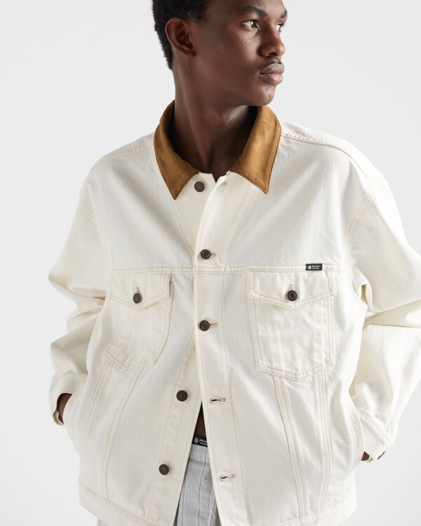 Old denim jacket with leather details - White Old denim jacket with leather details - White