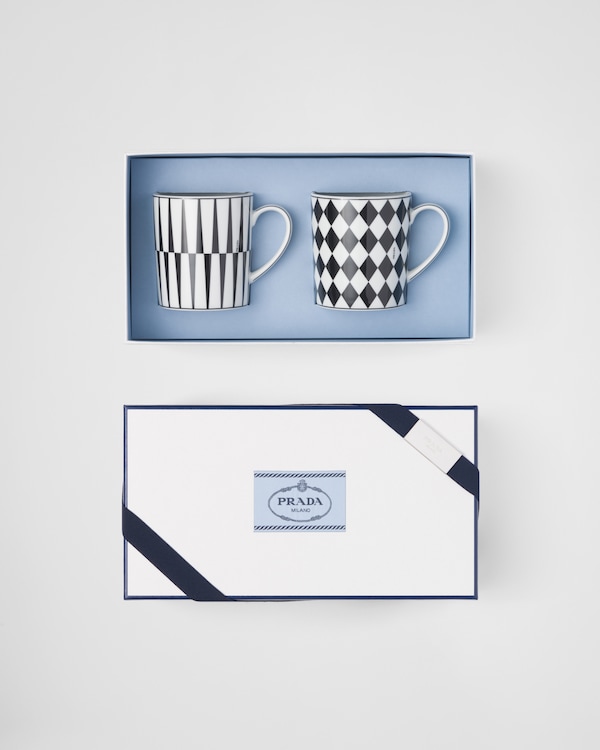 Set of two porcelain mugs - Checkerboard and Stripes - White/Black Set of two porcelain mugs - Checkerboard and Stripes - White/Black