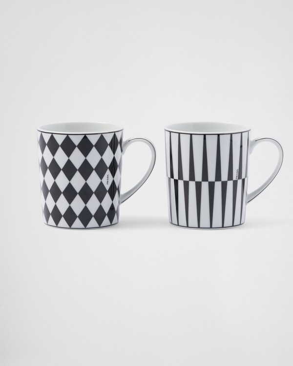 Set of two porcelain mugs - Checkerboard and Stripes - White/Black Set of two porcelain mugs - Checkerboard and Stripes - White/Black