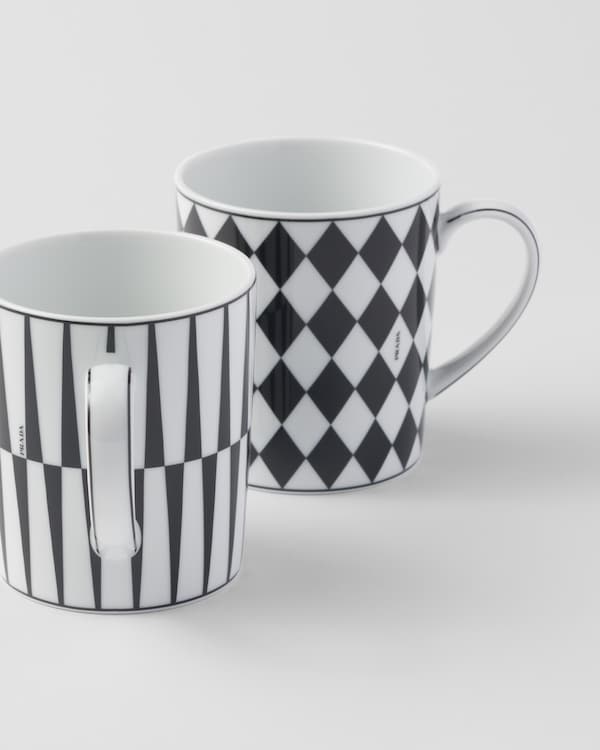 Set of two porcelain mugs - Checkerboard and Stripes - White/Black Set of two porcelain mugs - Checkerboard and Stripes - White/Black