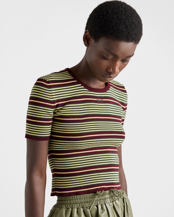 Short-sleeved striped cotton sweater - Amaranth/Cream Short-sleeved striped cotton sweater - Amaranth/Cream