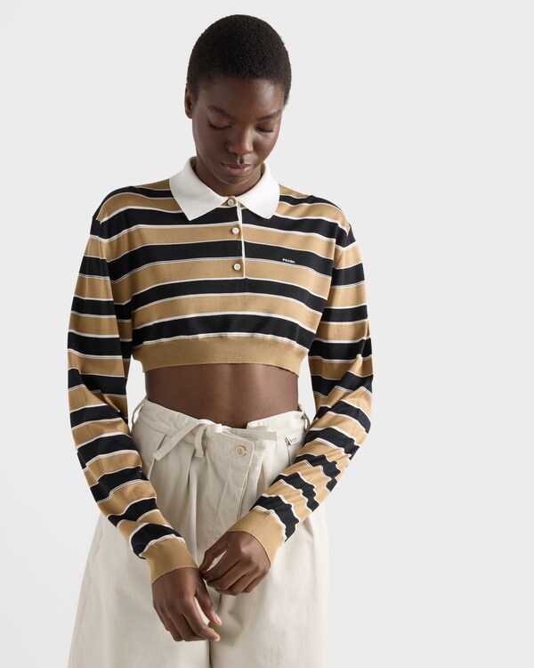 Cropped striped silk polo shirt - Sand/Black Cropped striped silk polo shirt - Sand/Black