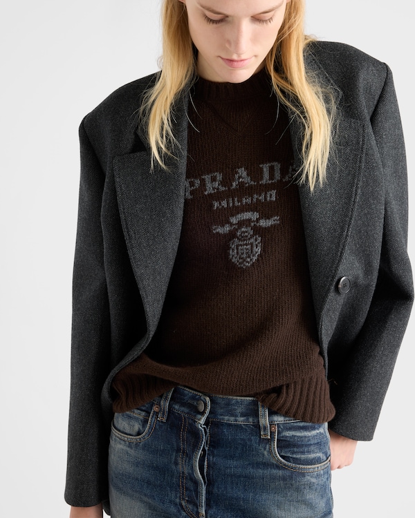 Cashmere and wool Prada logo crew-neck sweater - Dark Brown Cashmere and wool Prada logo crew-neck sweater - Dark Brown