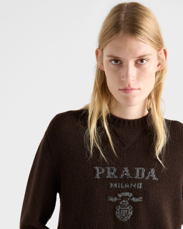 Cashmere and wool Prada logo crew-neck sweater - Dark Brown Cashmere and wool Prada logo crew-neck sweater - Dark Brown
