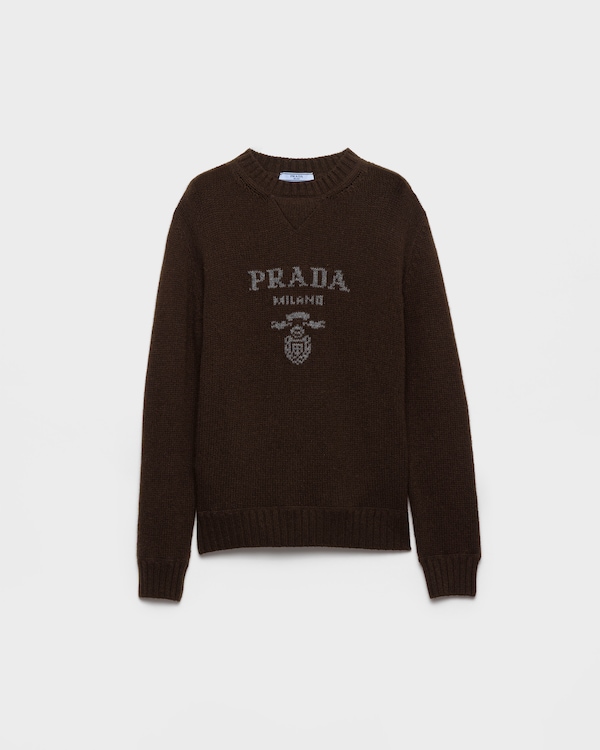 Cashmere and wool Prada logo crew-neck sweater - Dark Brown Cashmere and wool Prada logo crew-neck sweater - Dark Brown