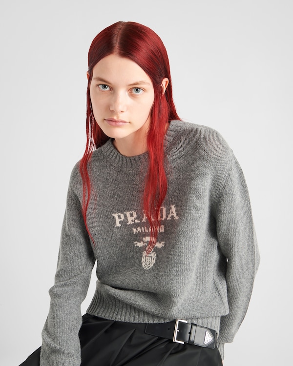 Cashmere and wool Prada logo crew-neck sweater - Grey Cashmere and wool Prada logo crew-neck sweater - Grey