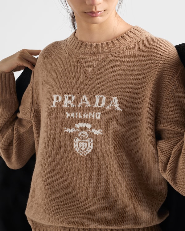 Cashmere and wool Prada logo crew-neck sweater - Camel Brown Cashmere and wool Prada logo crew-neck sweater - Camel Brown