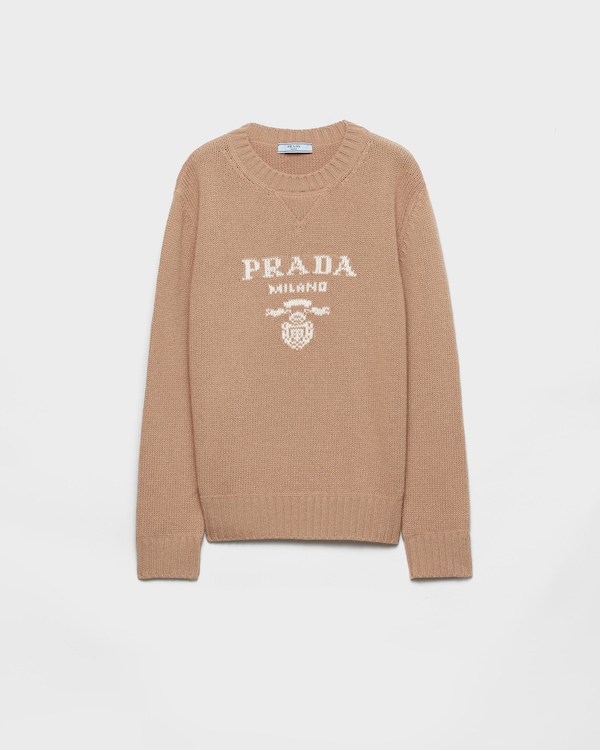 Cashmere and wool Prada logo crew-neck sweater - Camel Brown Cashmere and wool Prada logo crew-neck sweater - Camel Brown