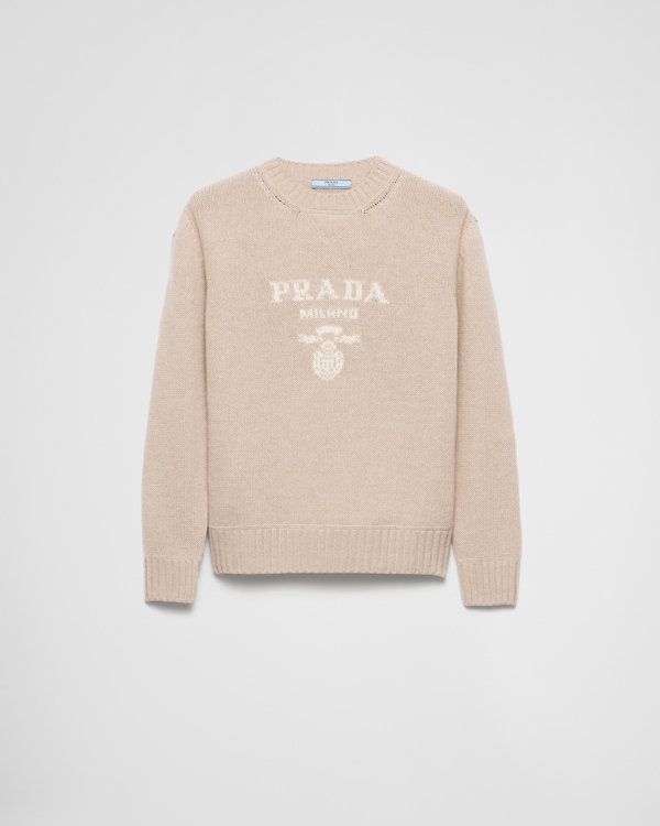 Prada 徽标装饰羊绒和羊毛圆领毛衣 - 沙漠黄 Prada 徽标装饰羊绒和羊毛圆领毛衣 - 沙漠黄