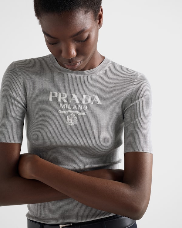 Silk crew-neck sweater with logo - Grey Silk crew-neck sweater with logo - Grey